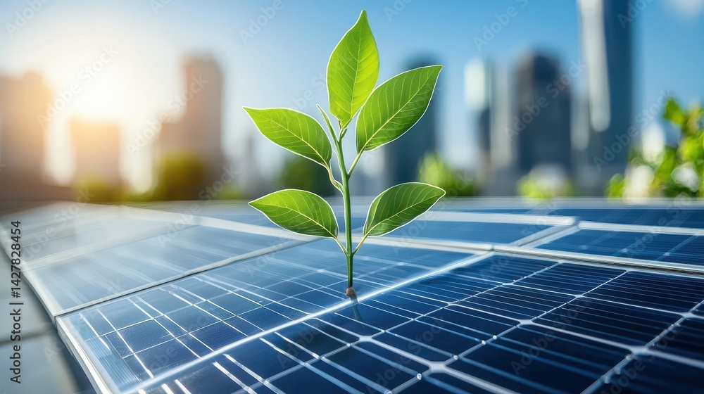 Fototapeta premium A vibrant green sapling growing on solar panels, symbolizing renewable energy.