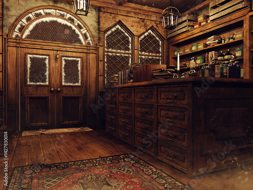 Door and wooden counter in a fantasy medieval magic shop with bottles and books of spells. Made from 3d resources and painted elements. No AI used. 