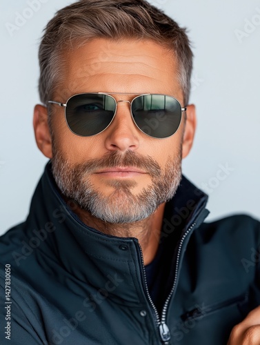 Obraz na płótnie Serious male pilot in aviator sunglasses poses confidently against a clean white background for a professional stock image w salonie
