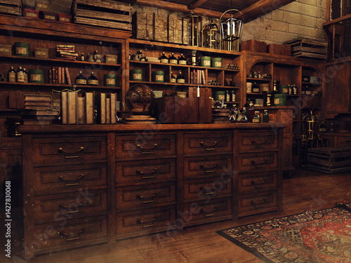Wooden counter in a fantasy medieval magic shop, with shelves with bottles, books, scrolls, and a crystal ball. Made from 3d resources and painted elements. No AI used. 