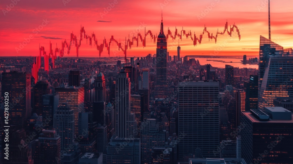 Fototapeta premium New york city skyline at sunset overlaid with a downward trending stock market graph.