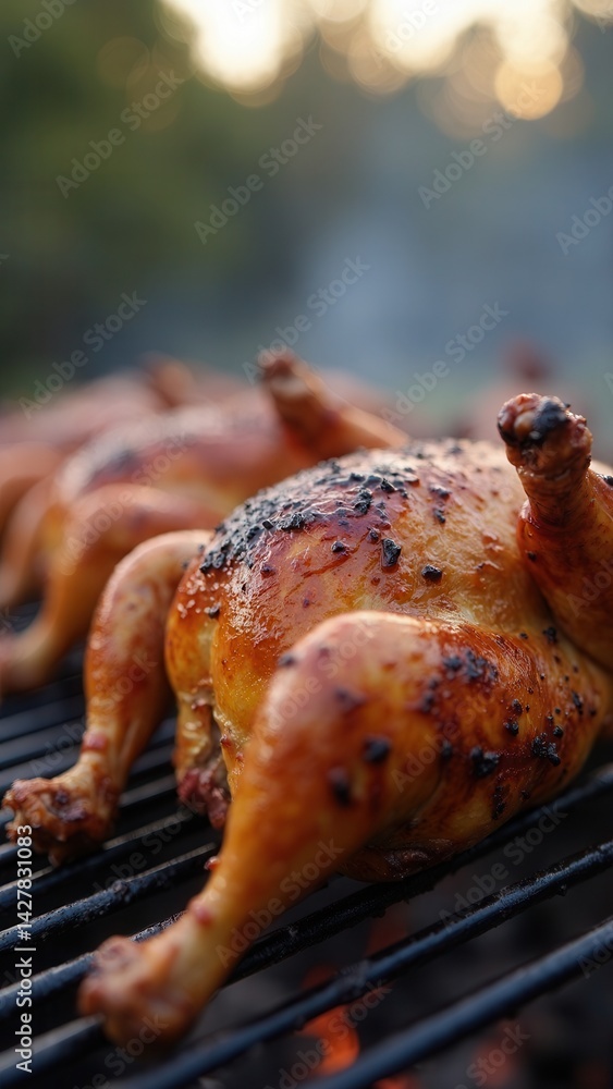 Grilled chickens on a spit, background.