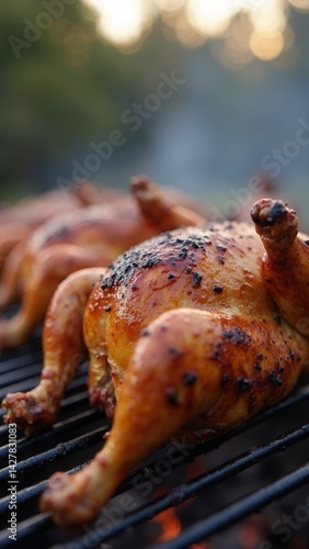 Obraz na płótnie Grilled chickens on a spit, background. w salonie