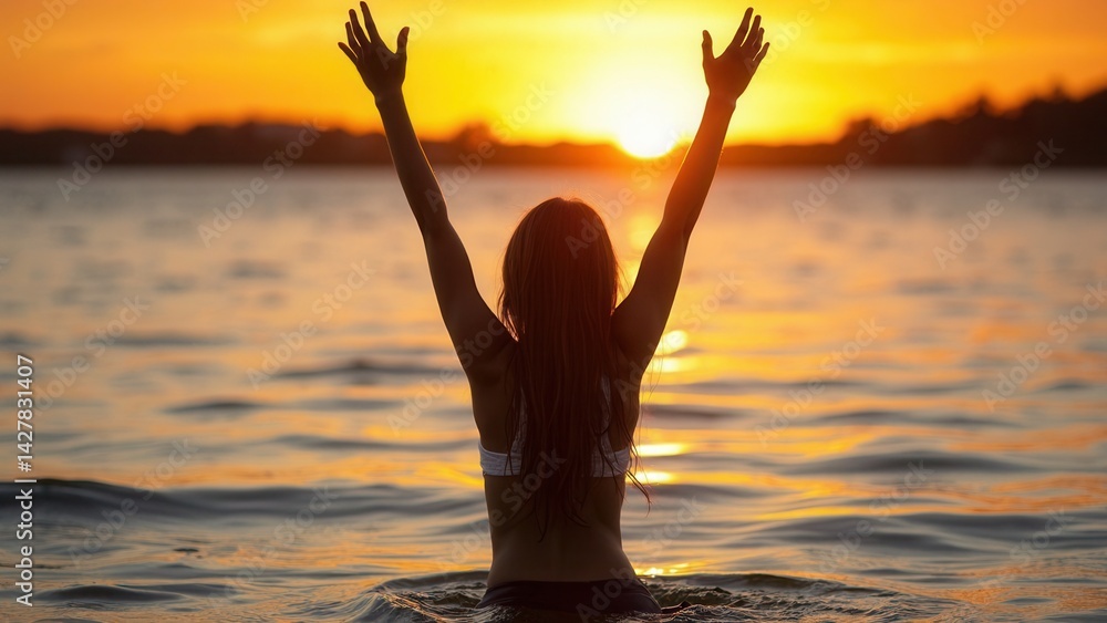 Girl teenager standing in the water with a raised hands at sunset.