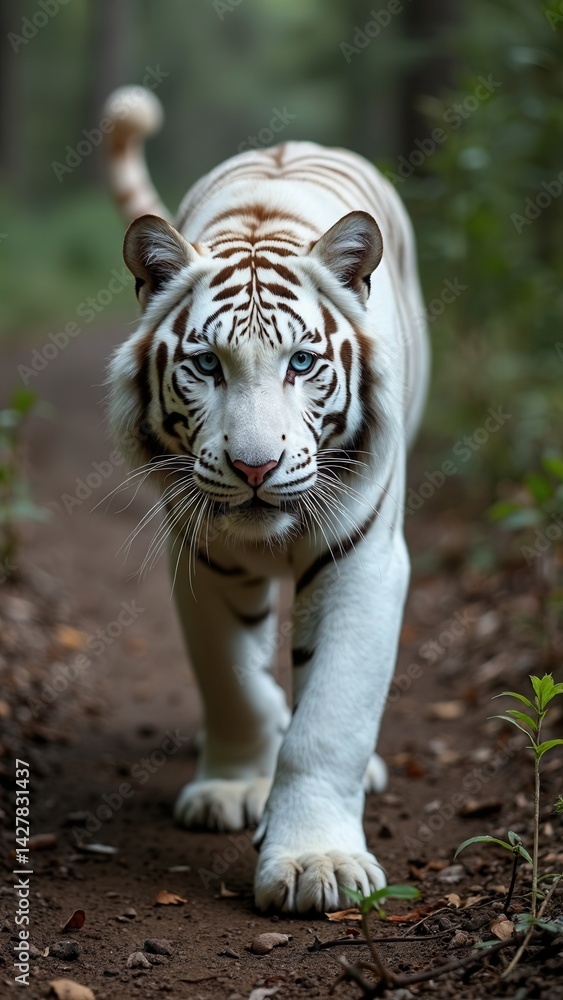 Beautiful white tiger albino with blue eyes walking through the forest.
