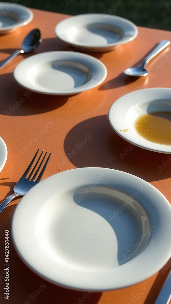 Empty dirty plates with spoon and forks on the table with a bright tablecloth, sunny.