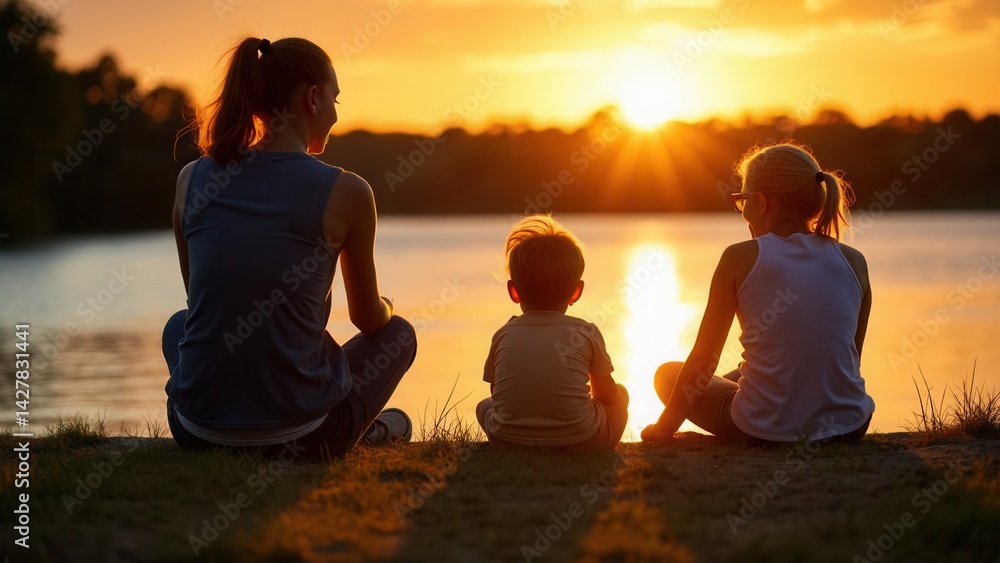 Mom and daughter are sitting on the embankment at sunset. The family is resting on the embankment on a summer evening. Family outing.