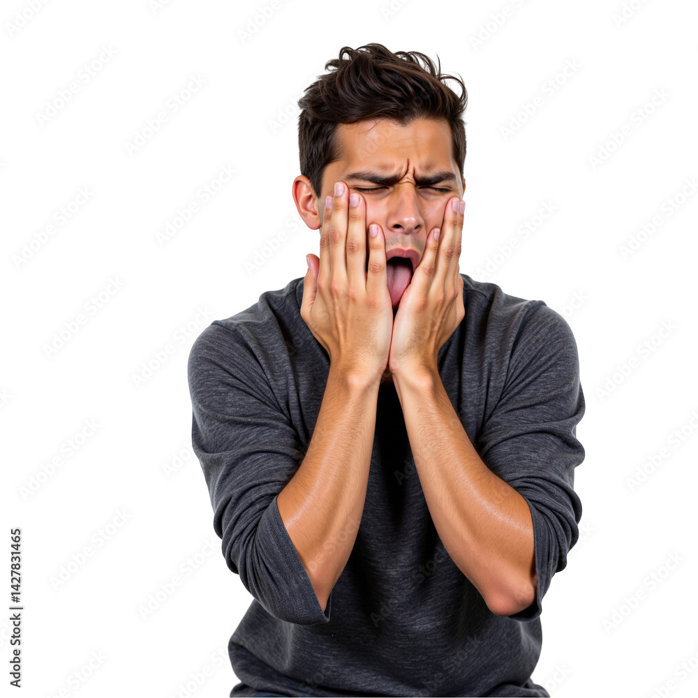 Frustrated Young Man Expressing Distress in a Dark Setting While Reflecting Inner Turmoil and Anxiety Through Body Language and Facial Expressions Frustrated Young Man Expressing Distress in a Dark Setting While Reflecting Inner Turmoil and Anxiety Through Body Language and Facial Expressions