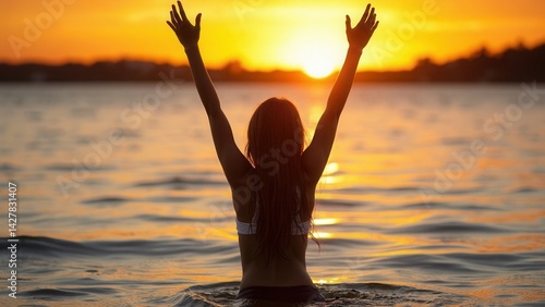 Obraz na płótnie Girl teenager standing in the water with a raised hands at sunset. w salonie