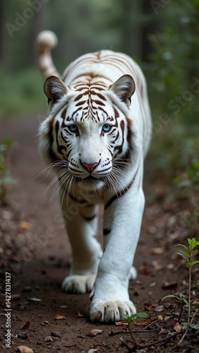 Obraz na płótnie Beautiful white tiger albino with blue eyes walking through the forest. w salonie