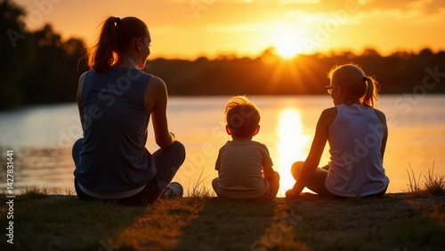 Obraz na płótnie Mom and daughter are sitting on the embankment at sunset. The family is resting on the embankment on a summer evening. Family outing. w salonie