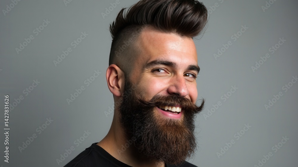 Smiling bearded man with a mohawk hairstyle and a very long mustache on a gray background.