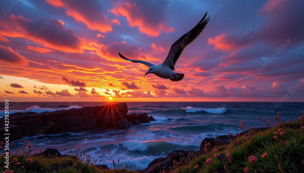 Naklejka premium majestic albatross soars gracefully through vibrant sunset, with colorful clouds reflecting on ocean waves. scene captures beauty of nature and tranquility
