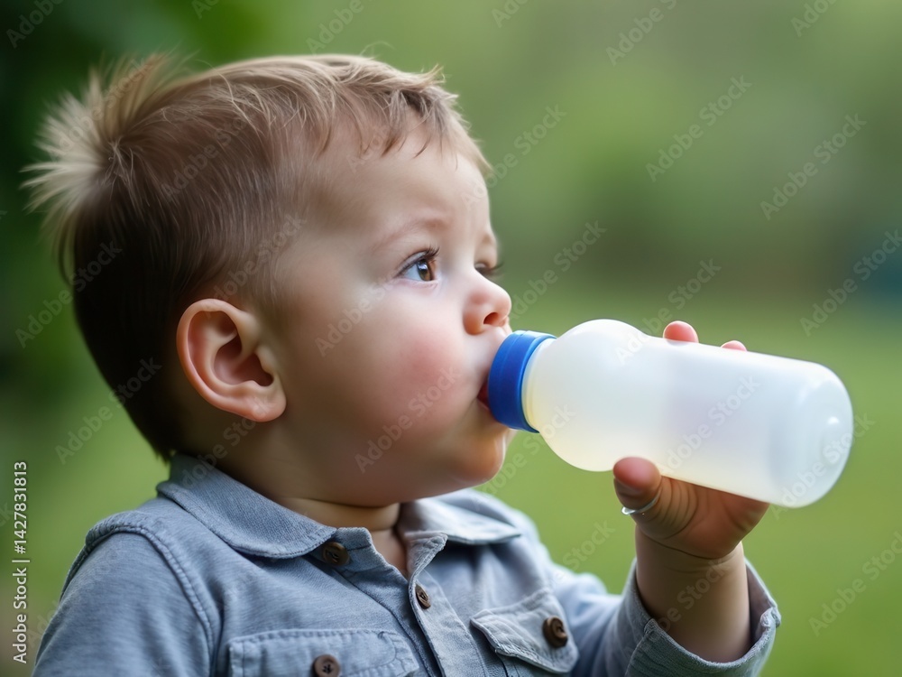 Boy drinking from a baby bottle.