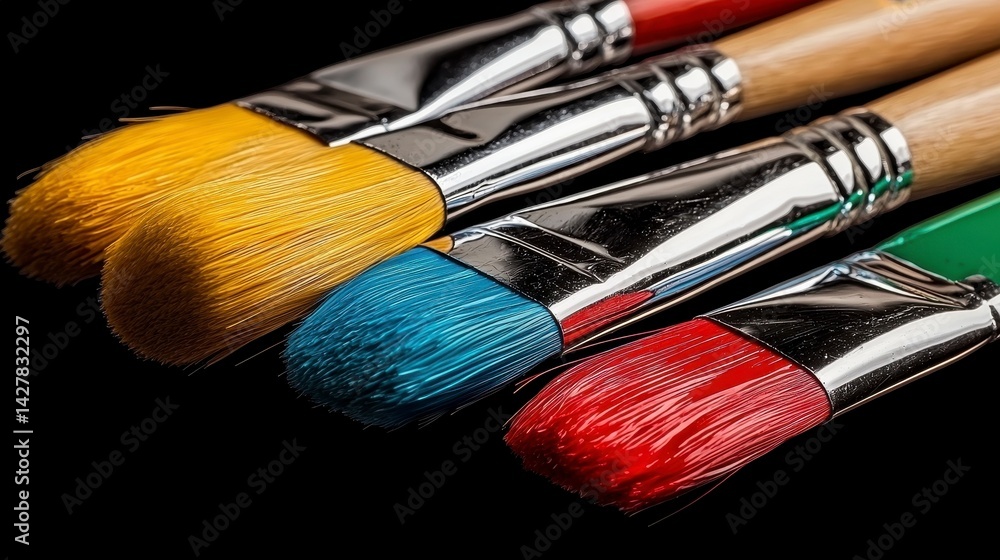 Fototapeta premium Close up of Four Paintbrushes with Yellow, Blue, Red, and Green Paint on Black Background