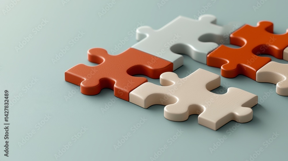 Fototapeta premium Close Up of Interlocking Puzzle Pieces in Earthy Tones on a Soft Gray Surface