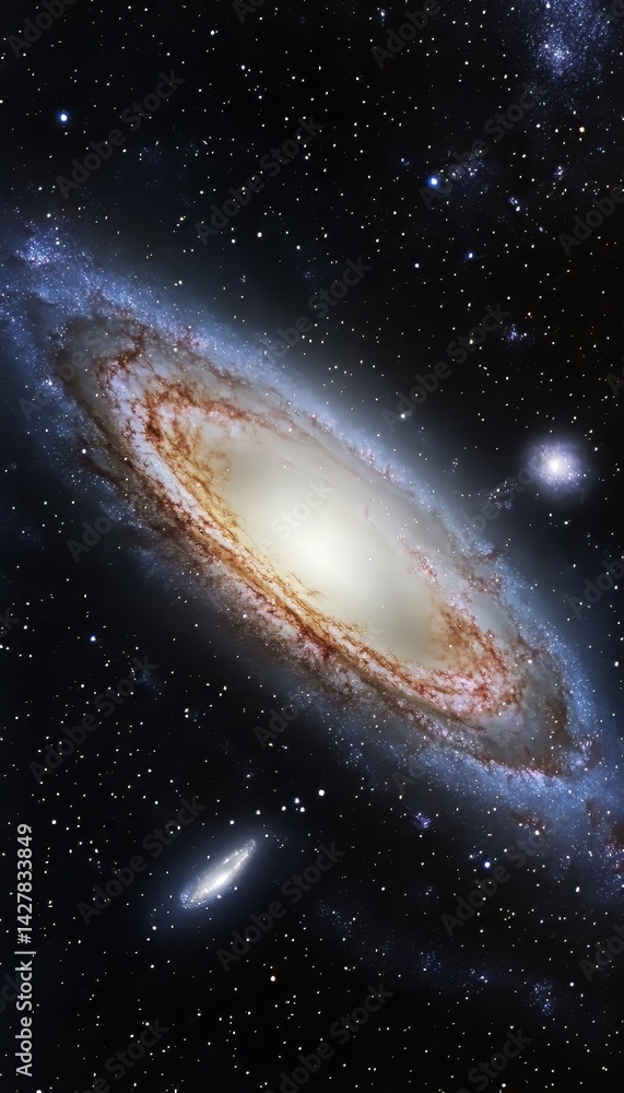 Naklejka premium Breathtaking view of a spiral galaxy abundant with stars amidst colorful nebulae and cosmic dust