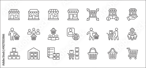 Online shopping icon set. Online store icon. Consumer and goods icons. Set contains symbol of marketplace, network branch store, front shop, shopping basket, trolley, goods stock. vector illustration