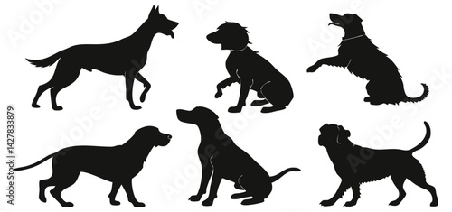 Dog Silhouette Collection – Black Dog Outlines of Various Breeds and Poses for Pet Illustrations, Animal Graphics, and Dog Lover Designs photo