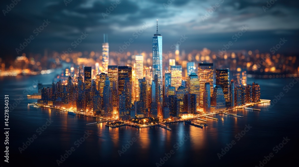 Obraz premium Night view of illuminated city on island