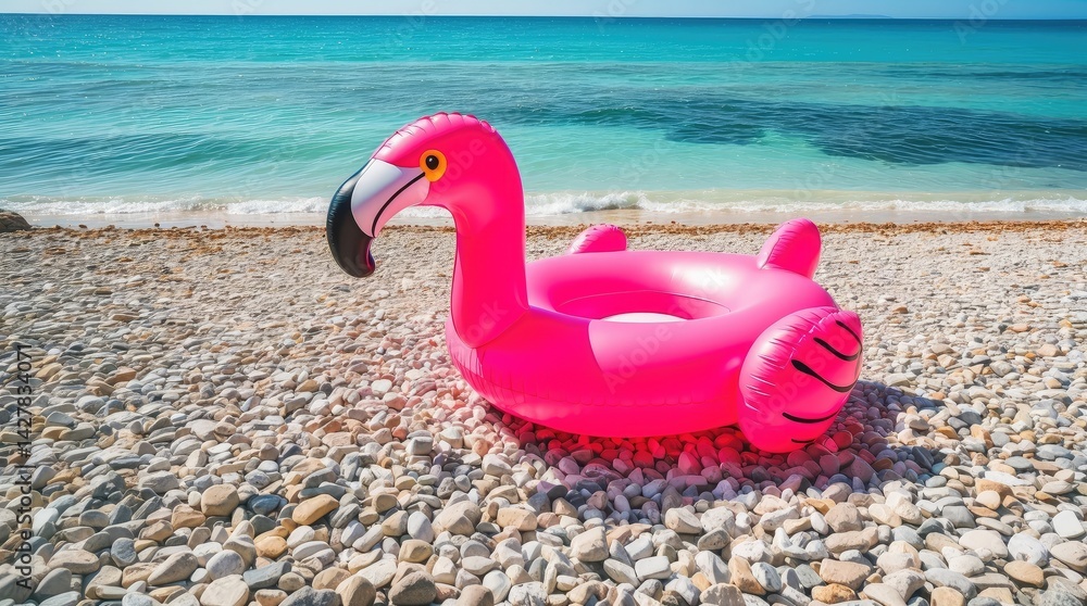 Bright pink inflatable flamingo on pebble beach near sea with turquoise water. Sunny summer vacation, seaside relax, fun concept for children. Tropical holiday, travel and recreation. Bright pink inflatable flamingo on pebble beach near sea with turquoise water. Sunny summer vacation, seaside relax, fun concept for children. Tropical holiday, travel and recreation.