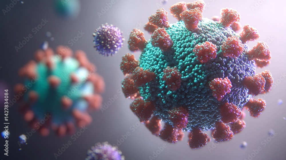 Fototapeta premium detailed microscopic illustration of coronavirus with spike proteins highlighting virus structure and viral particles
