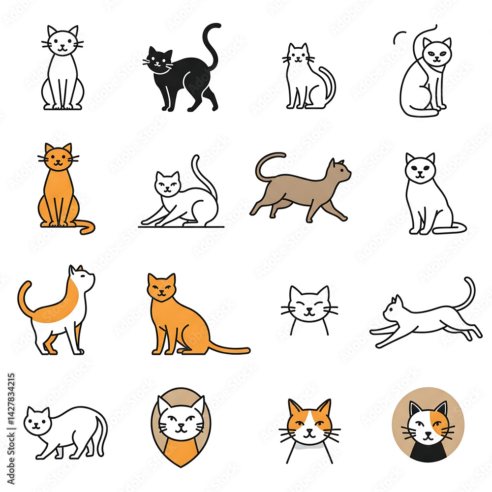 Obraz premium Set of cute cat illustrations in various poses and colors for graphic design elements