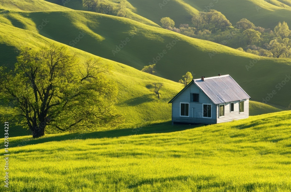Fototapeta premium High-resolution scene of a tiny house among bright green fields
