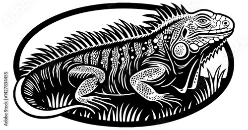 Retro Vintage Iguana Illustration in Engraved Style – Detailed Reptile Artwork in Black and White for Wildlife, Herpetology, and Antique Nature Designs