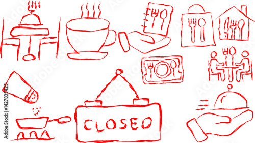 A set of restaurant themed doodle icons showcasing dining, cafeteria, food service, takeout options, cooking, menus, coffee and tables.