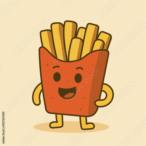 Adorable cartoon French fries character with a bright smile and friendly pose. Perfect for fast food branding, children’s merchandise, t-shirt prints, stickers, and cheerful food-related designs.