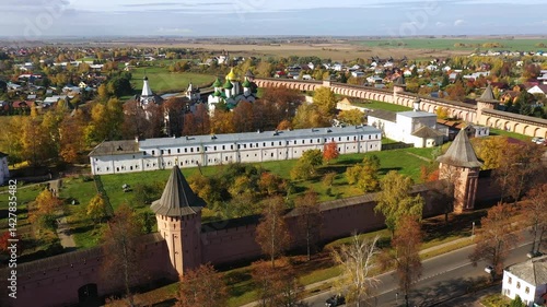 autumn landscape of Spaso-Evfimiev Monastery in Suzdal on sunny day, aerial view