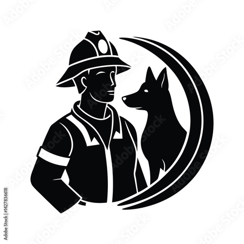 Brave firefighter with dog companion icon silhouette vector with white background
