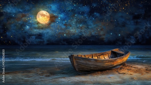 A serene night scene depicting a wooden rowboat resting on the shore