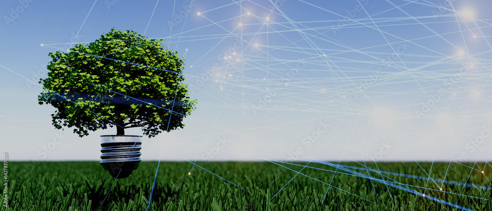 A tree with a bulb in its trunk is surrounded by a field of grass
