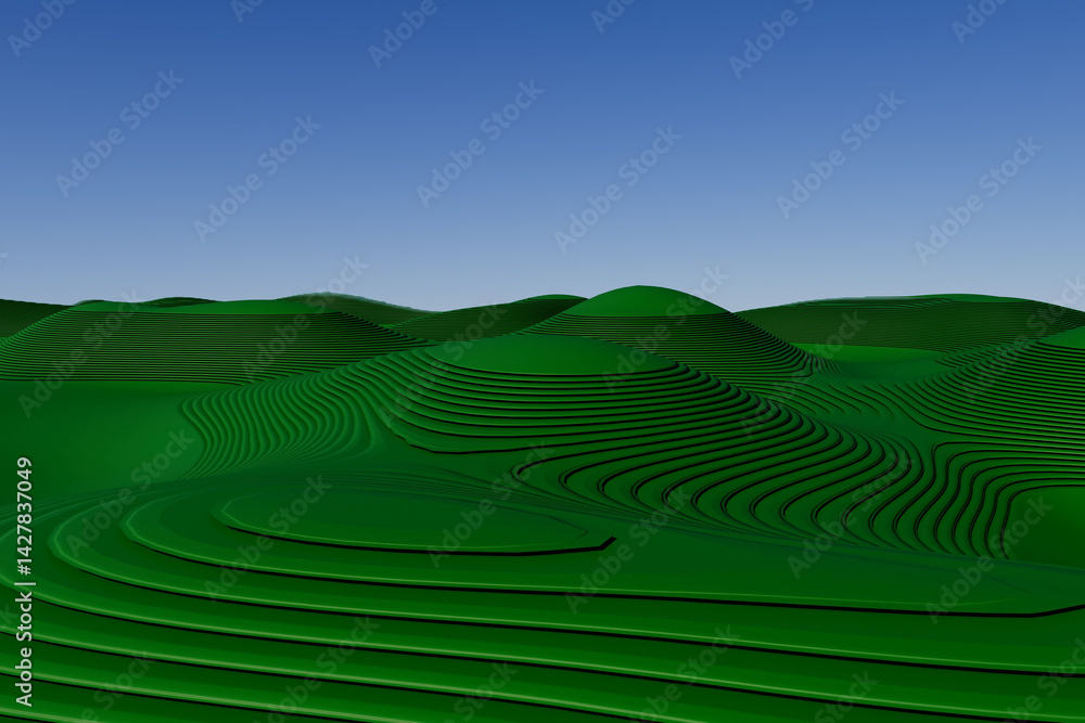A green field with hills and a blue sky