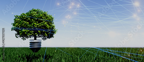 Obraz na płótnie A tree with a bulb in its trunk is surrounded by a field of grass w salonie