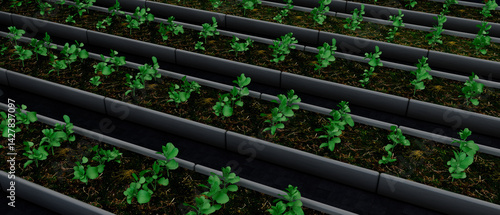 A row of potted plants are lined up in a row