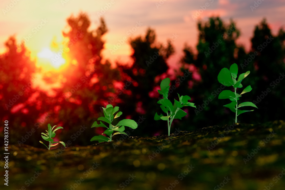 A series of small plants are growing in a field with a sunset in the background