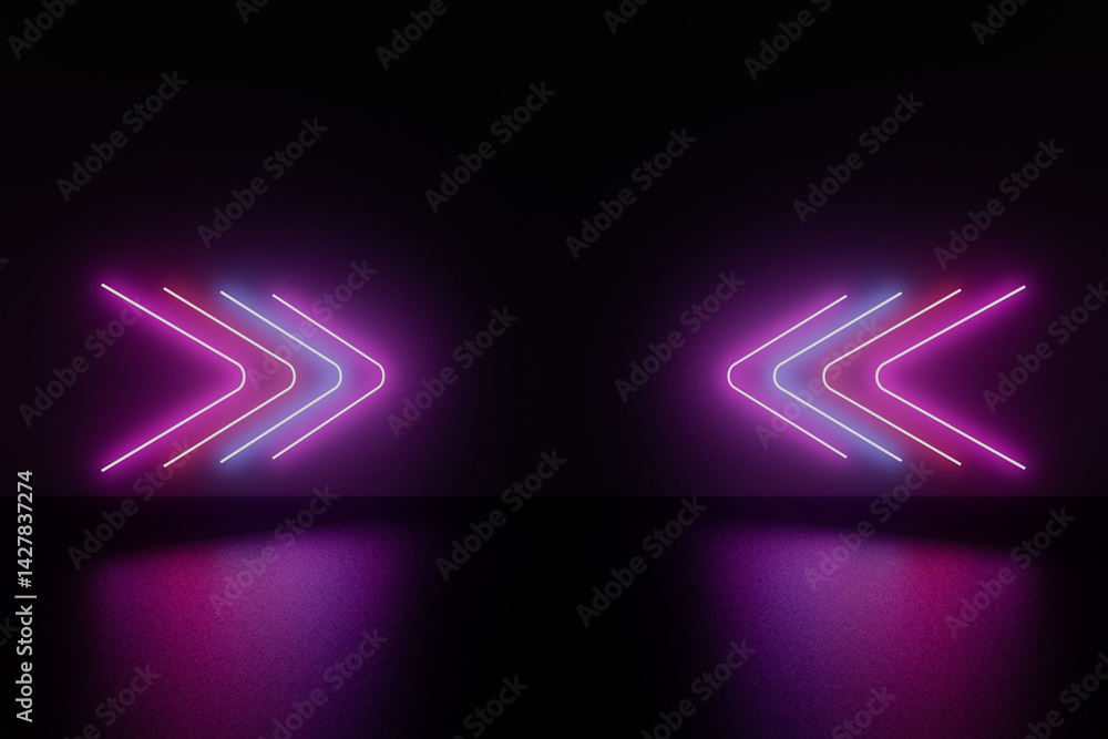 A room with two neon arrows on the wall