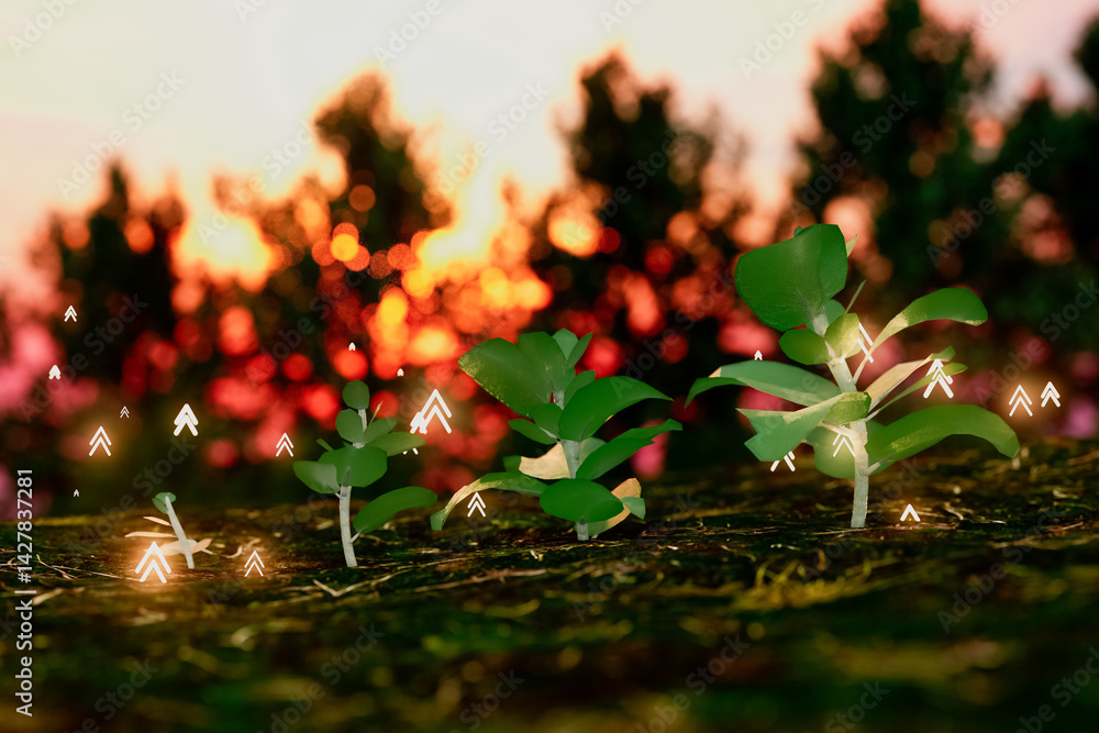 A series of small plants are growing in a forest