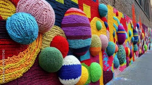 Colorful yarn balls and knitted patterns create an artistic display on a vibrant urban wall, Colorful yarn balls and knitted patterns on wall creating vibrant street art display