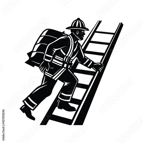 Firefighter climbing stairs icon silhouette vector with white background