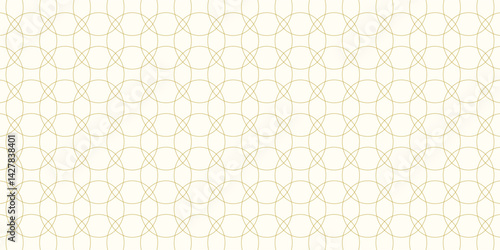 Golden vector geometric seamless pattern with floral silhouettes, curved lines, hexagons, triangles, circles, lattice, grid.