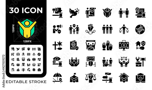Human rights pixel perfect glyphs iconset on negative space. Protecting people freedoms. Law and justice for everyone safety. Silhouettes symbols. Solid icons set. Vector isolated illustration