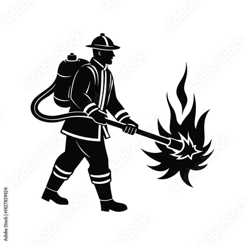 Firefighter putting out flames icon silhouette vector with white background