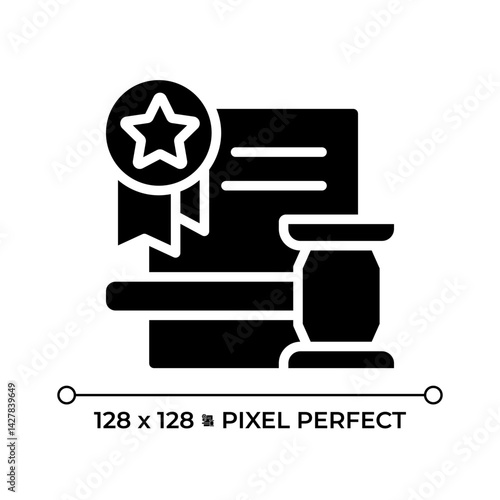 Right to remedy by competent tribunal pixel perfect glyph solid icon. Human rights protected by law. Document with gavel. Black silhouette symbol on negative space. Vector isolated illustration