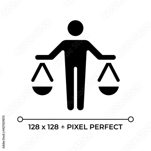 Right to equality before law pixel perfect glyph solid icon. Justice for everyone. Person holding balance scales pans. Black silhouette symbol on negative space. Vector isolated illustration