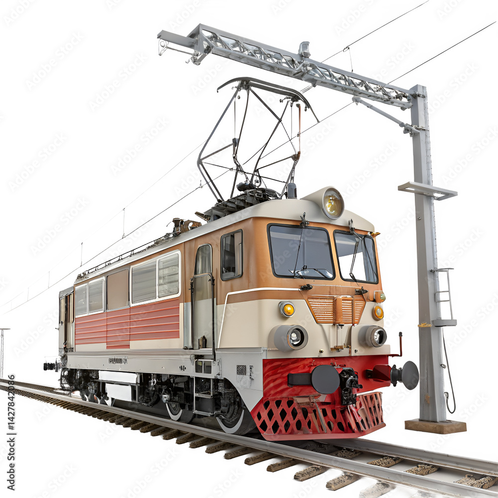 Fototapeta premium Front angle of a railway maintenance vehicle with track inspection and repair equipment visible