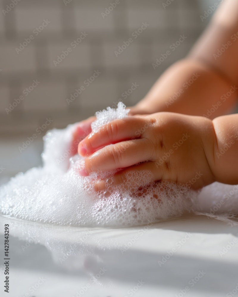 Fototapeta premium close up of tiny fingers playing with soap foam in bathtub, white tile background and warm natural light